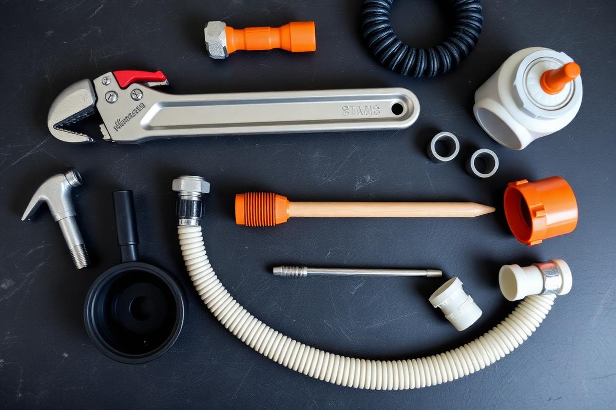 Outils de plomberie posés sur un établi : clé serre-tube, ventouse, raccords et flexibles