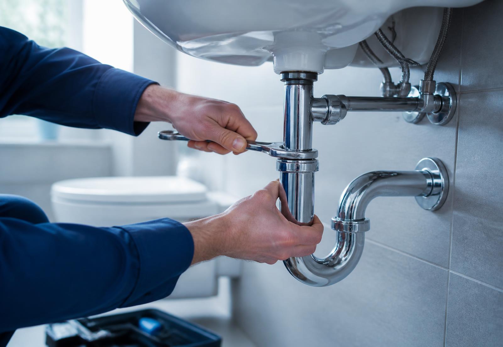 Plombier resserrant le siphon chromé d'un lavabo avec une clé lors d'un dépannage